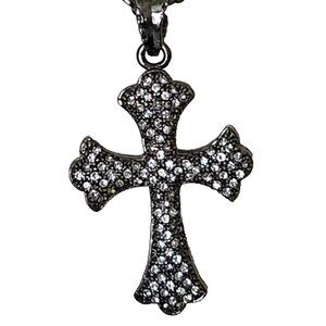 Black Crystal Cross Pendant Necklace, Clear Pave Rhinestones, Gothic Style
